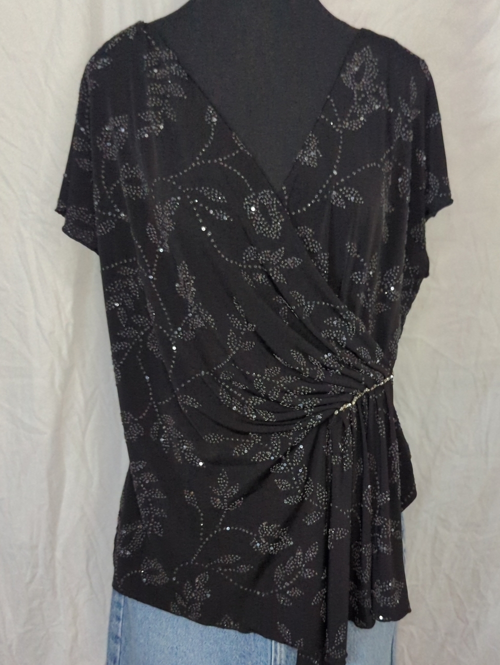 Y2K Vintage Black Draped Wrap Top – Rhinestone Detail Asymmetrical XL Bebe Style